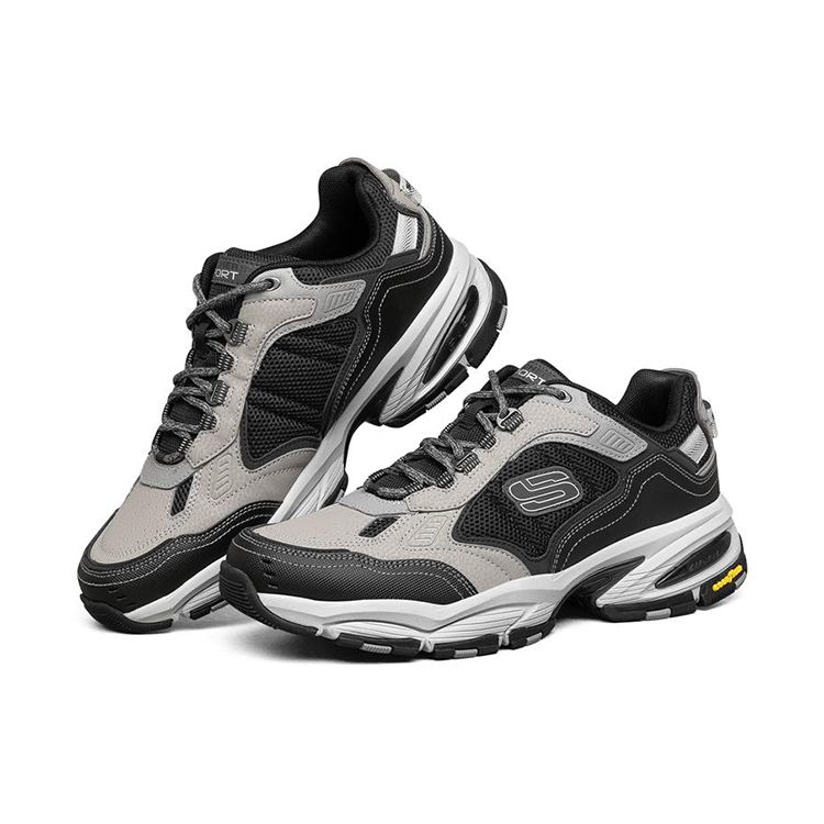 Skechers Vigor 3.0 Malla Cuero Sintético Cordones Duradero Transpirable Aumento de Altura Caña Baja Zapatos de Papá Zapatillas Hombre Gris Negro 237145-GYBK
