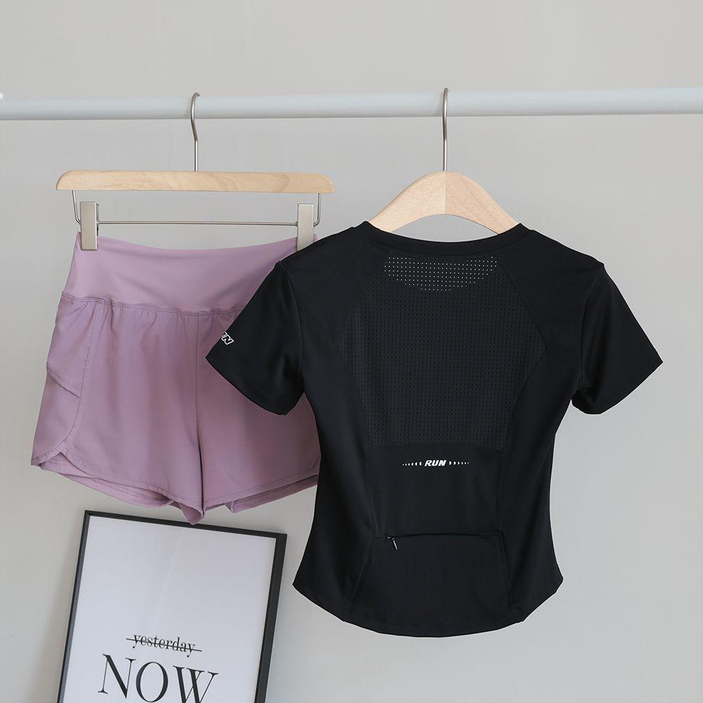 Women's Quick-Dry Sports Set: Breathable Mesh Top & Shorts with Phone Pocket