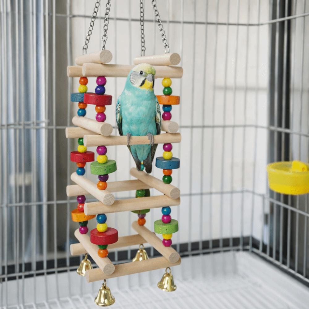 Colorful Wooden Parrot Chew Bite Resistant with Bells Parrot Swing Hanging Multi Layer Bird Cage Standing Training