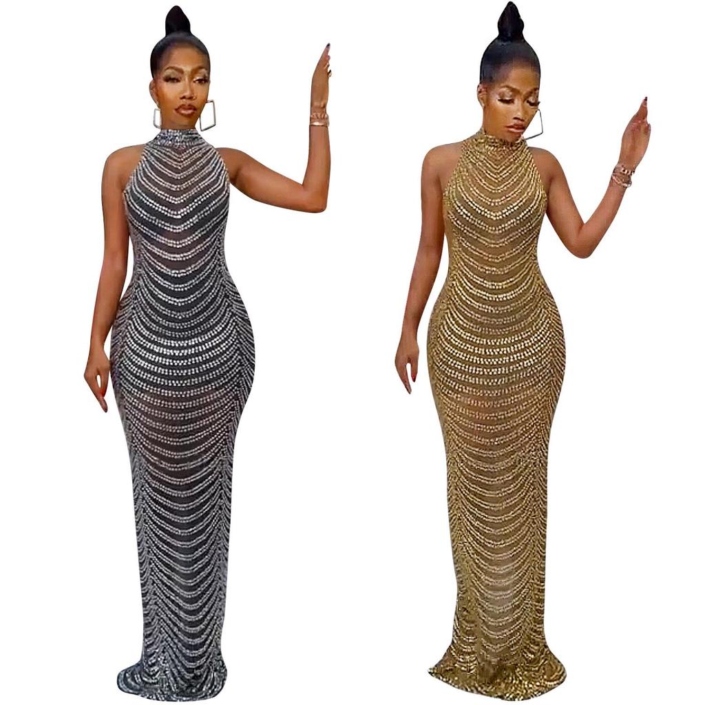 European Fashion Sexy Rhinestone Backless Nightclub Party Dress - See-through Long Dress for Women