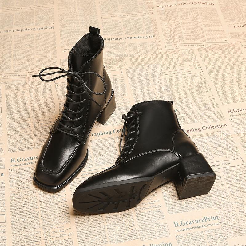 Fashion Square Toe Leather Heeled Women's Ankle Boots Autumn Winter Fleece-Lined Lace-up Female Short Shoes High Quality New In Booties