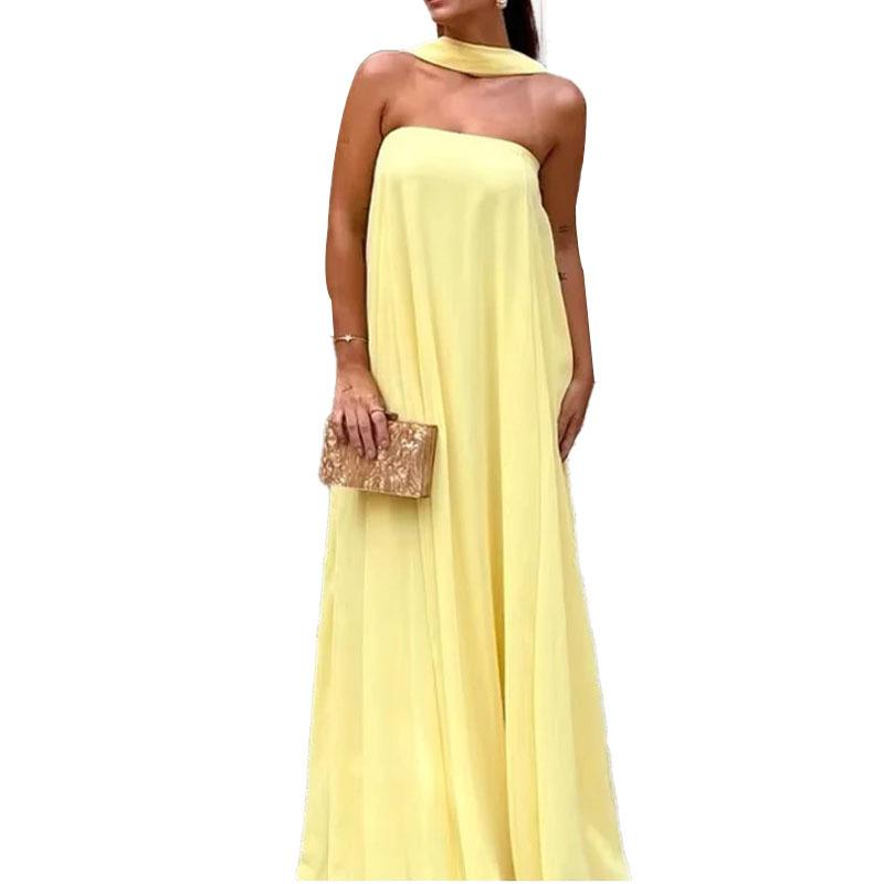 Nuevo de primavera, vestido sencillo y elegante de color liso con empalme de tubo