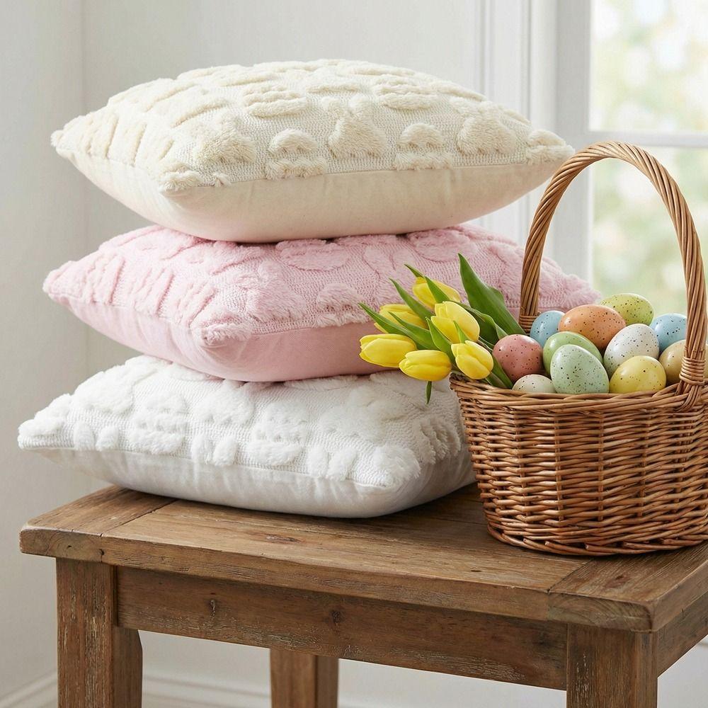 Festive Decor Cartoon Easter Rabbit Pillow Cover Soft Plush Square Bunny Pillowcase Detachable Washable Cushion Cover Gift