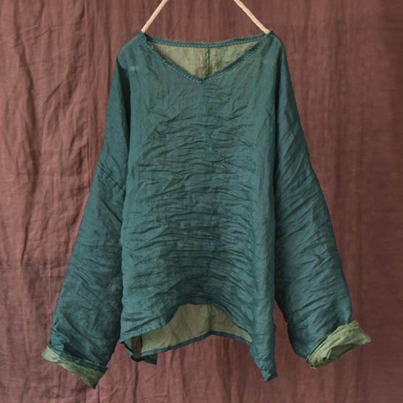 

Johnature женские футболки Ramie высокого качества, однотонные футболки с длинными рукавами и круглым вырезом, весенние женские футболки в китайском стиле One Size темно-зеленого