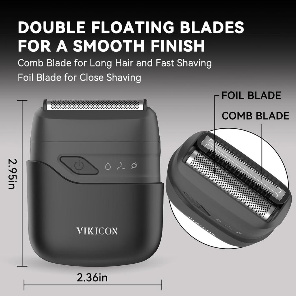 VIKICON® Electric Foil Shavers for Men, Compact Travel Face Shaver, Mini Razor for Shaving Face, Portable On-The-Go Shaver w/Dual Floating Blades,