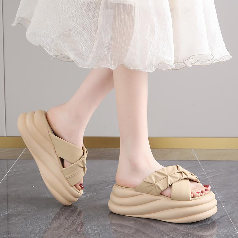 fashion 7CM Heels Chunky Slippers for Women Open Toe High Platform Leather Sandals Woman 2024 New Summer Thick Bottom Beach Flip Flops