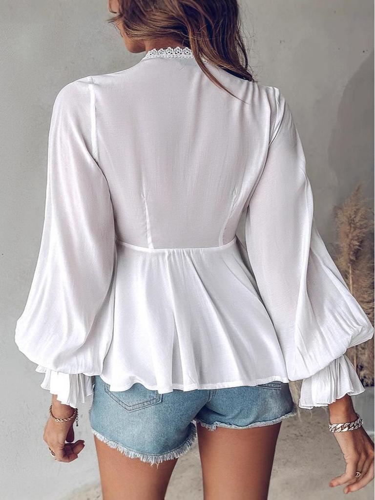 2024 Autumn Bow Lace V-neck Long-Sleeve Top for European & American Markets