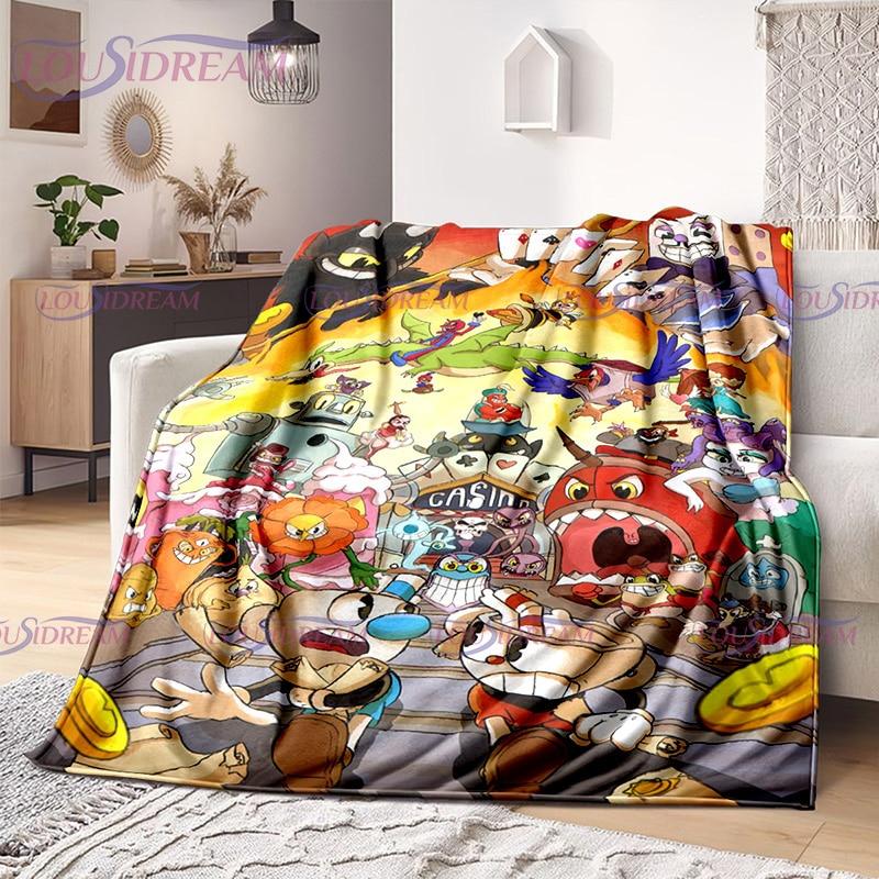 Cuphead and Mugman Print Throw Deka Kreslená hra Měkký plyšový fleece Lehká pohovka Funny Halloween Friend dárek