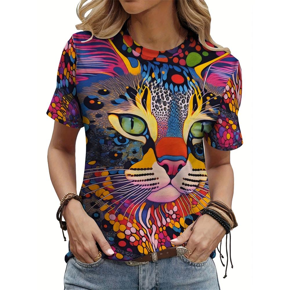 Summer Fashion Short Sleeve Casual Top Loose Women's T Shirt Cute Cat Cow Pattern Printed Woman Clothing Y2k Ladies Clothes Tees