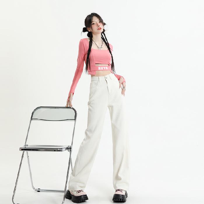 Women's High Waist Dirty Pink Wide-Leg Jeans - Slim and Loose Fit, Early Autumn 2024