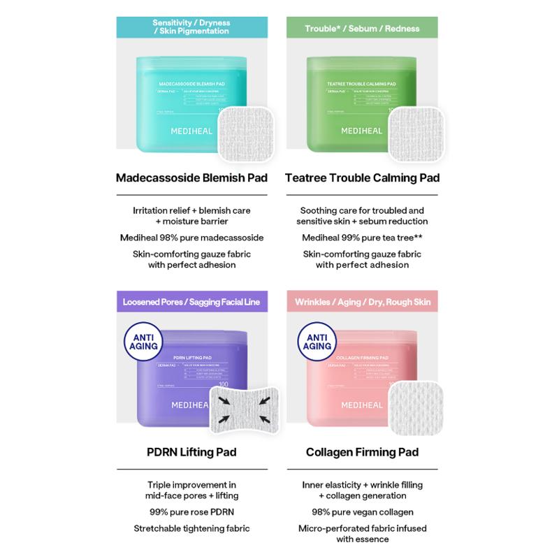 Mediheal Derma Toner Pad 7 Types (Main 100 Sheets / Refill 100 Sheets) (20 Options)