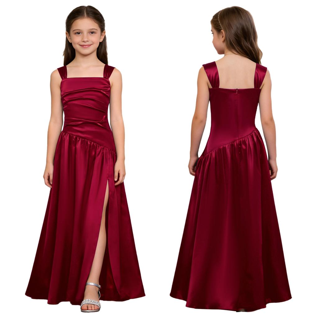 Robe de Soirée Satinée Fleurie pour Fille Sans Manches Corsage Froncé Taille Basse Asymétrique Robe Coupe A Ligne Fente Latérale pour Mariage Baptême