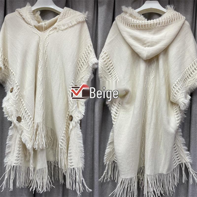 

2022 Autumn/Winter Women s Plus Size Tassel Batwing Sleeve Hooded Knitted Pullover Sweater One Size бежевий