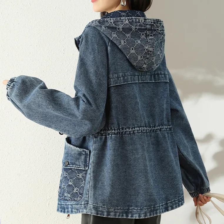 

Denim Short Jacket Women s Spring and Autumn Fashion Loose Hooded Denim Casual Jacket Top S синій
