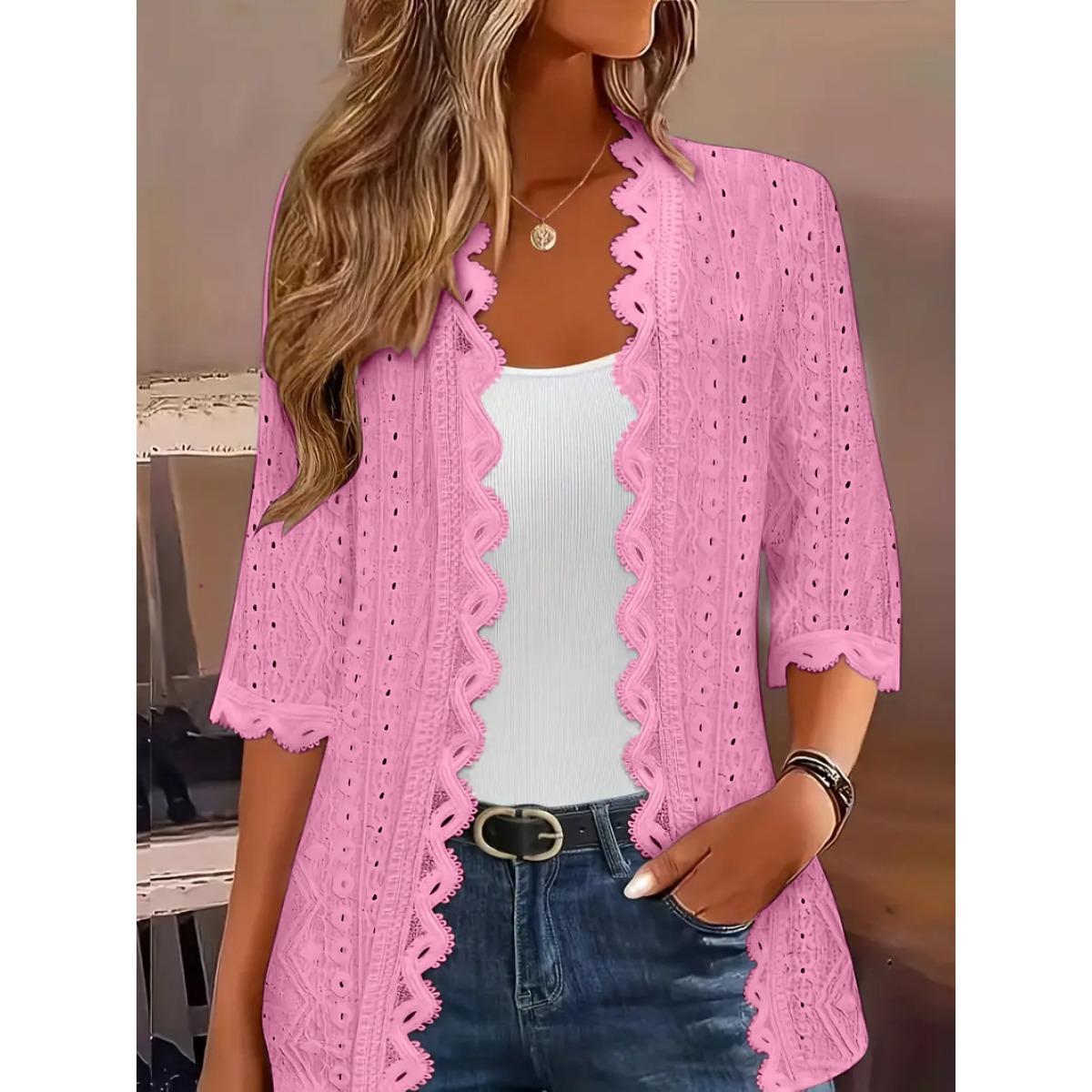 

European American Style Women s 3/4 Sleeve Knit Cardigan Hollow Lace Collar Fashion Versatile Outerwear Coat S розовый