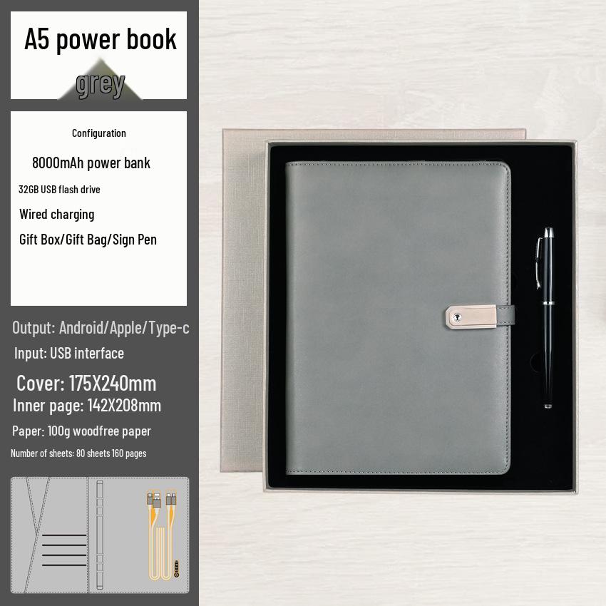 A5 Multi-Function Notebook Gift Set with USB & Wireless Charger - Customizable Logo Option