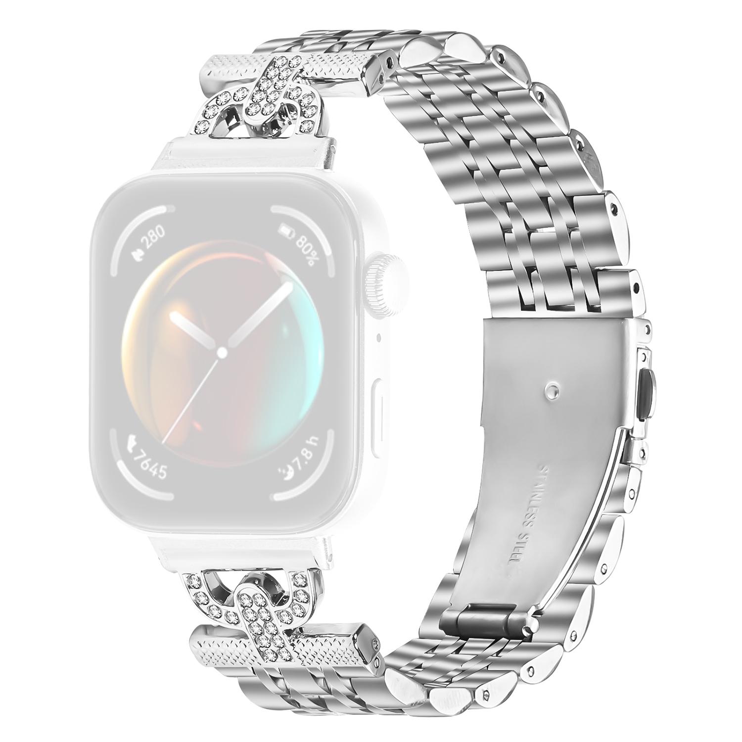 

Watch Band for Huawei Watch Fit 4 Pro/4/3 7-Bead D-Shape Rhinestones Decor Silver Stainless Steel Strap