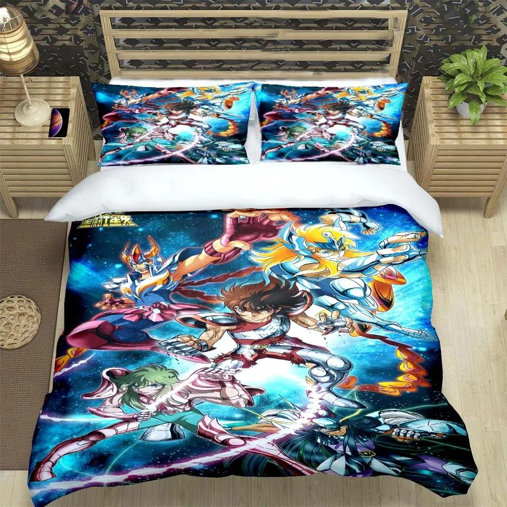 Saint Seiya 3D Bedding Set Black Duvet Quilt Cover Set Comforter Cover Pillowcase King Queen Size Polyester Quilt Cover