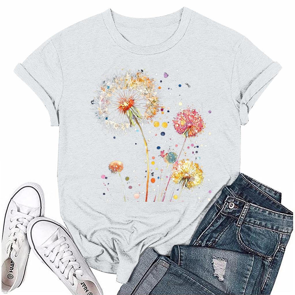 Damska modna koszulka z okrągłym dekoltem i krótkim rękawem, z nadrukiem, pulowerem