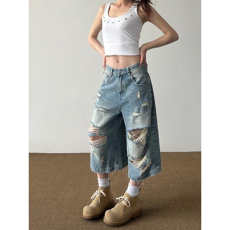 American retro old washed ripped cat whisker denim cropped pants men s and women s new trendy brand loose design pants S синий