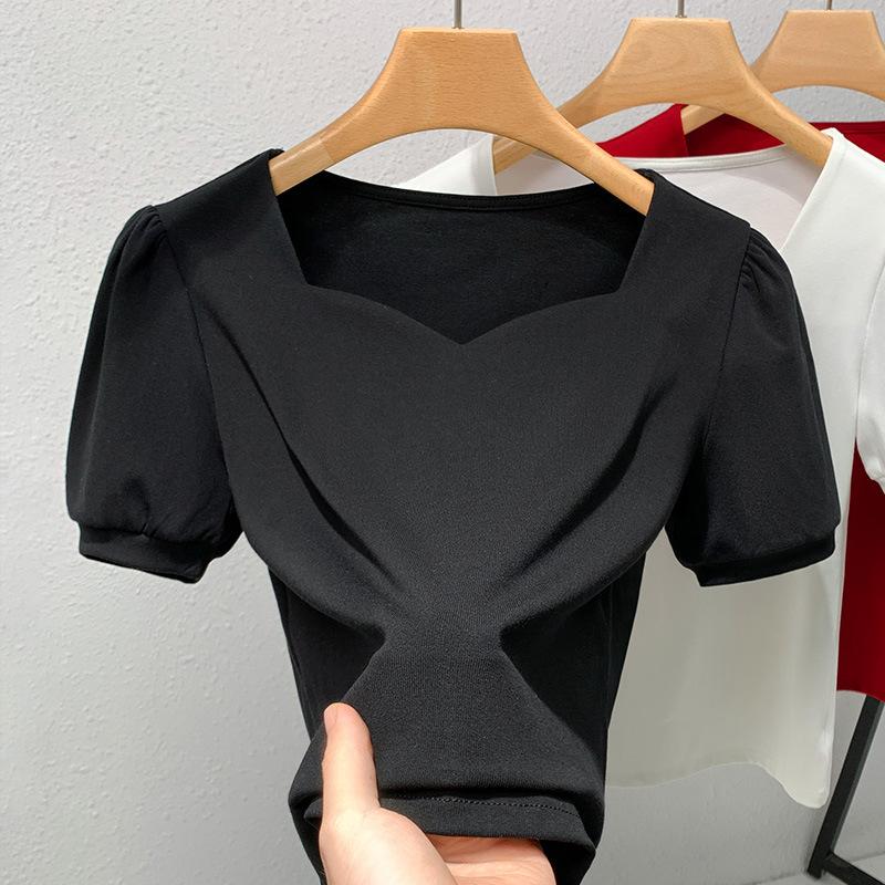 French Short-sleeved T-shirt for Womens Summer Latest Womens One Tone Puff Sleeve Cotton T-shirt Vintage Style Square Collar Waist Top