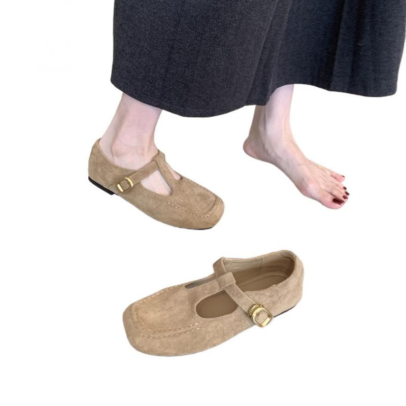 Soft-soled Version~ Retro Brown Flat-bottomed Square-headed Mary Jane Shoes, Autumn New Shallow-mouth Soft-soled Single Shoes, One-pedal Women