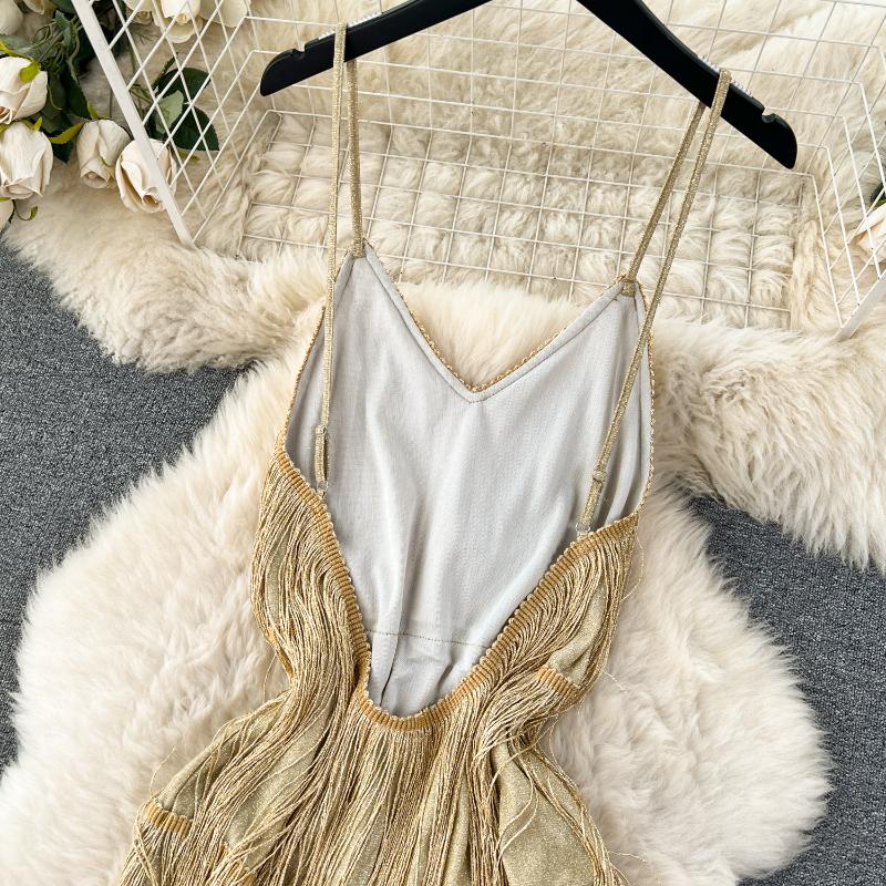 Sexy Quasten Patchwork Hohl Slip Kleid Frauen Sexy Backless Elegante Abend Party Kleider Vintage Dünne Mini Zeremonielle Kleid 2024 Neue