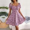 MAITA Women Spring Summer Temperament Square Collar Short Sleeve Lace Up Floral Dress S-XL