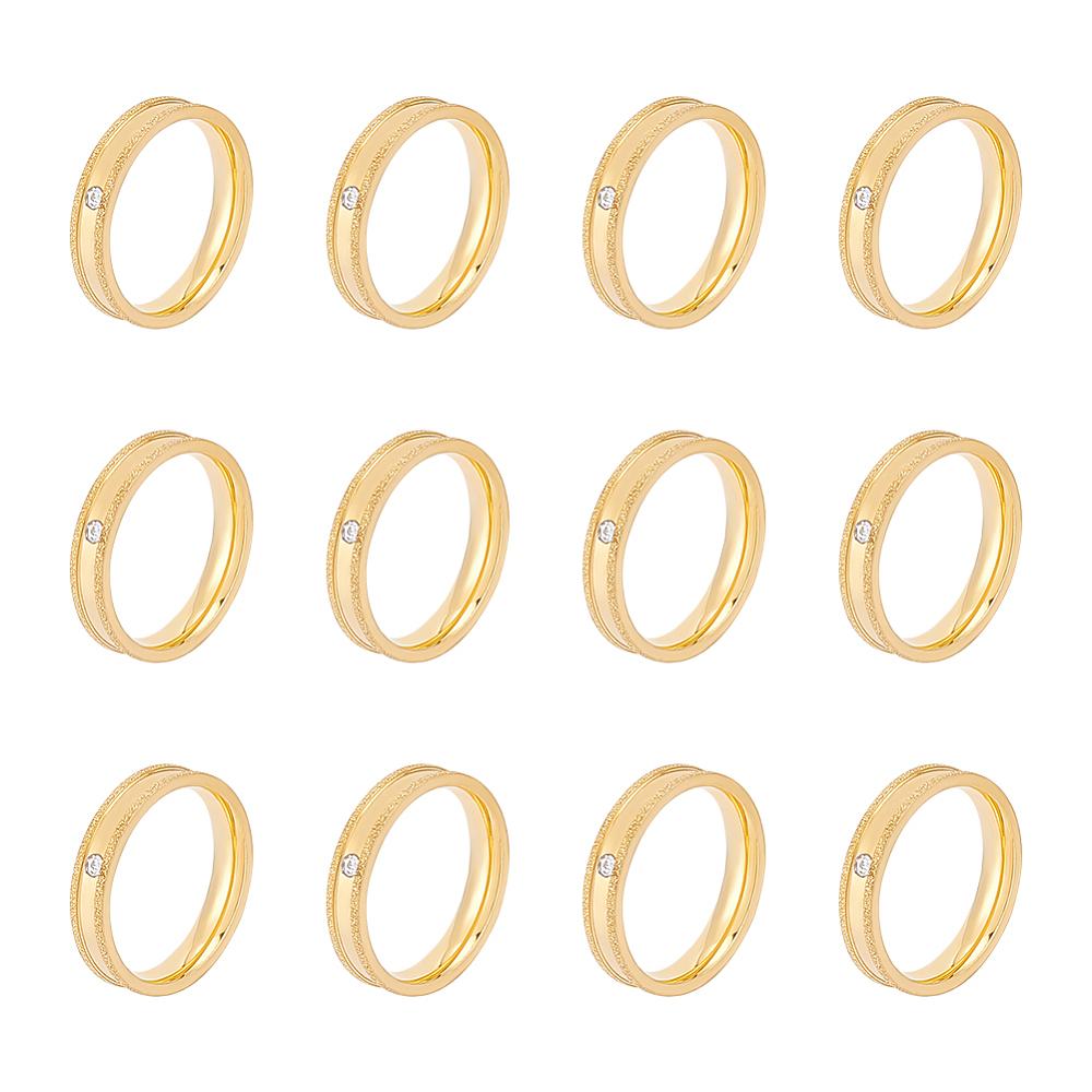 12Pcs Crystal Rhinestone Grooved Finger Ring, Textured 201 Stainless Steel Jewelry for Women, Golden, US Size 6 1/2(16.9mm)