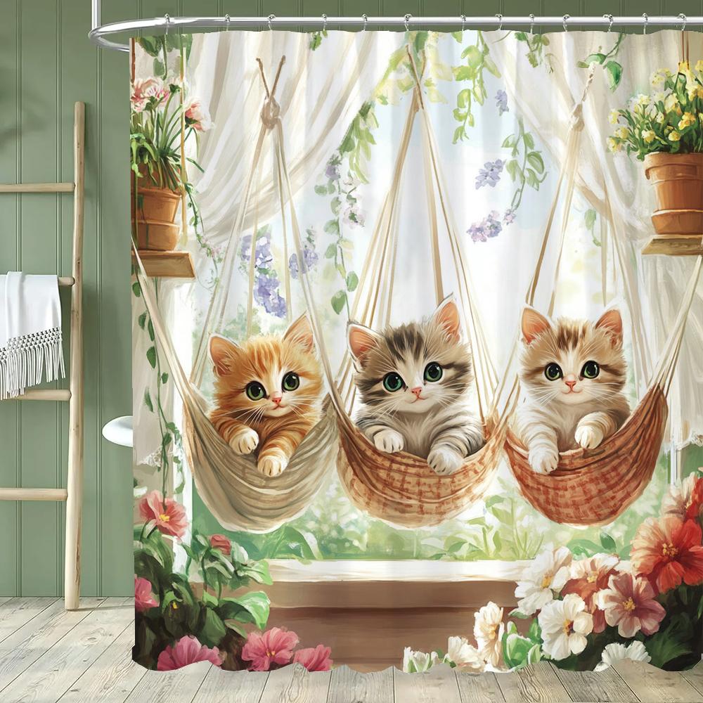 Cartoon Cat Shower Curtain, Bathroom Decorative Flowers Shower Curtains, Home Printed Polyester Fabric Curtain with Hooks