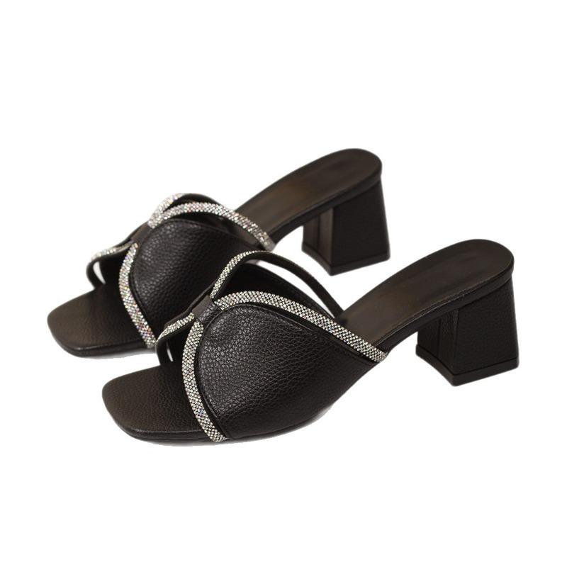 Rhinestone Square Toe Mid-heel Slippers Women's 2025 Summer New Plus-size Block-heeled Sandals