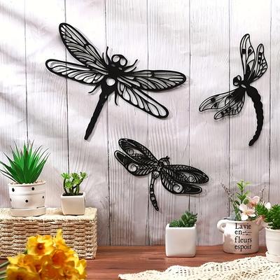 3pcs Set Metal Dragonfly Wall Art Decor Rustic Black Silhouette Figures For Home Living Room Bedroom Various Size Garden Art