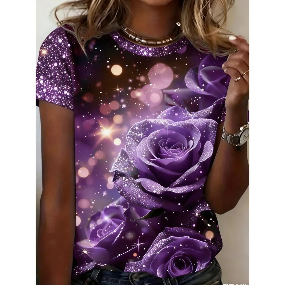 Damer Sommar Blommor Enkel Rosmönstrad Stor Lös Casual T-shirt Trendig Bekväm Mjuk Andningsbar Kortärmad T-shirt
