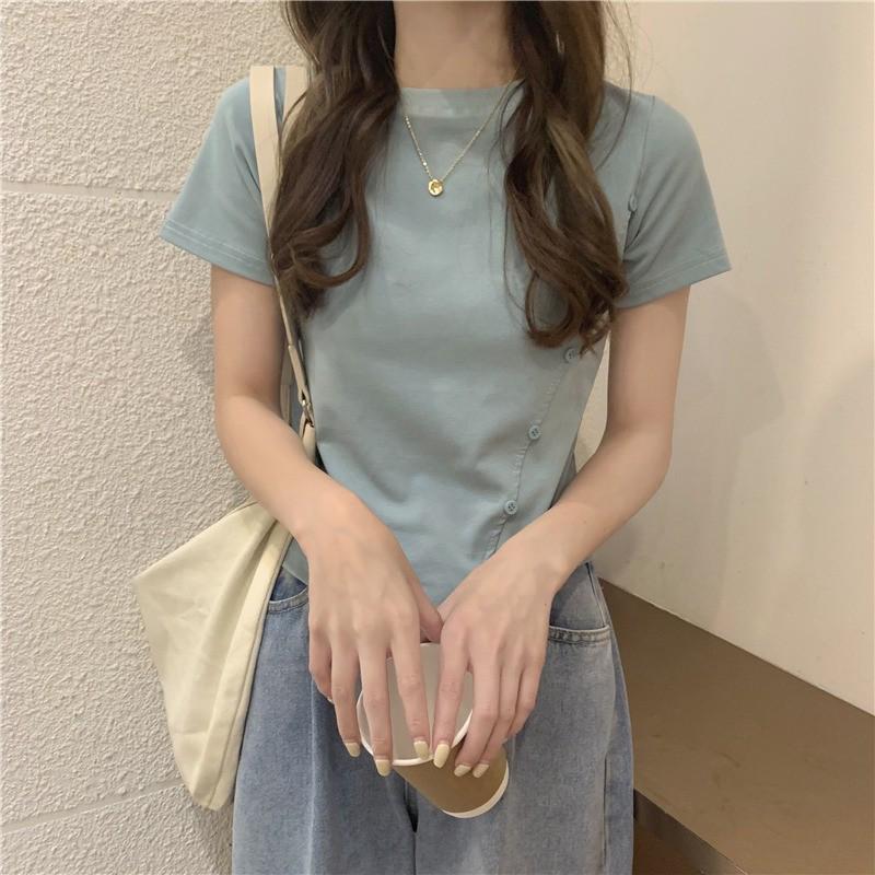 

Женский укороченный топ Sweet & Spicy с асимметричными пуговицами и короткими рукавами 2025 года — однотонный, модный летний стиль M зелёный