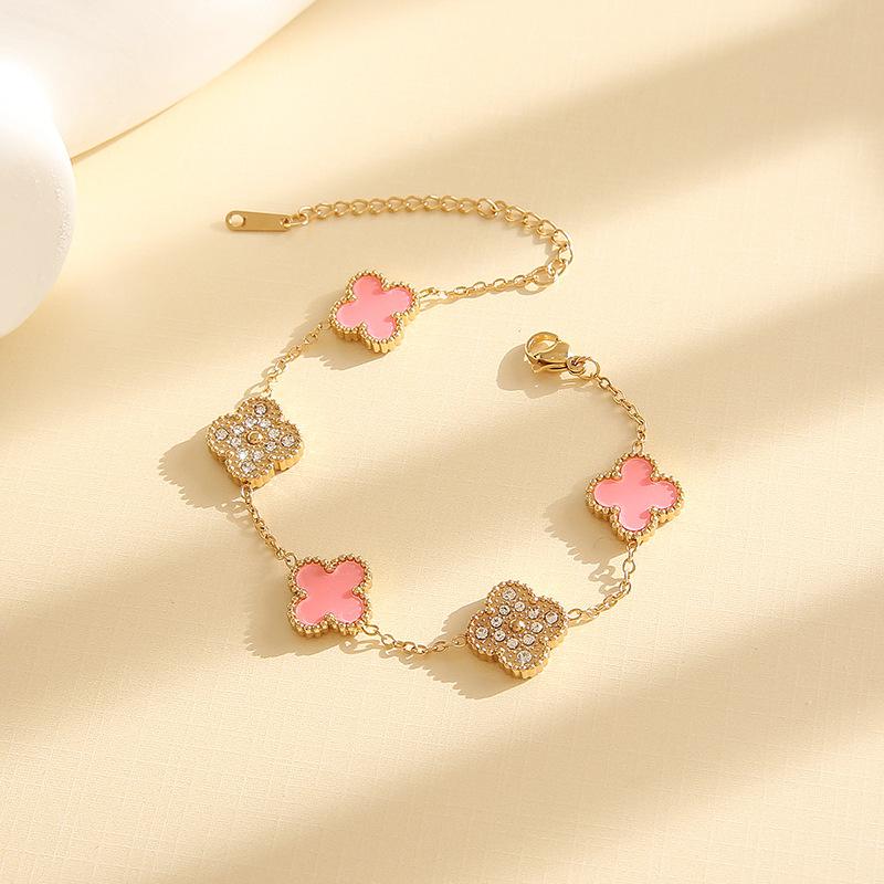 Double-sided Mother-of-pearl Lucky Five-flower Four-leaf Clover Bracelet Light Luxury Fashion Ins Style Non-fading Ladies Bracelet
