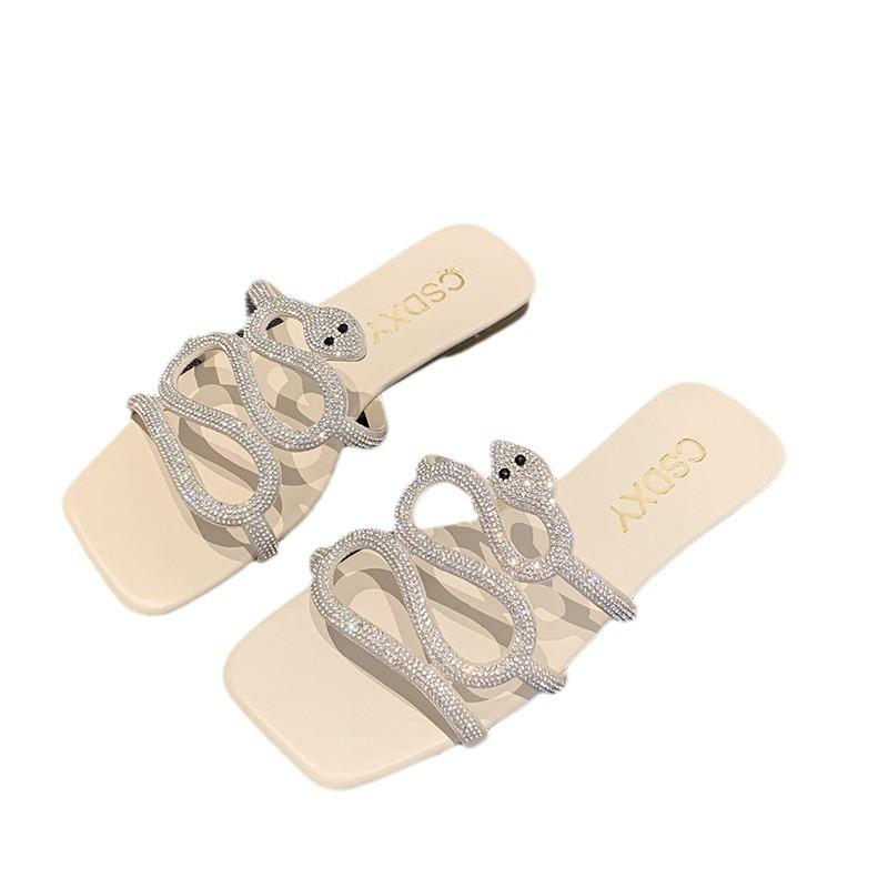 Slippers New Large Size Slippers Women's Rhinestone Flat Sandals Wear One Word Square Head Sandals