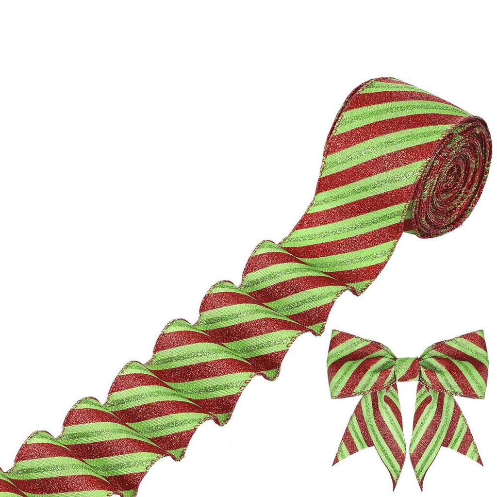 Christmas Red And Green Striped Glitter Ribbon, Christmas Wrapping Decoration, Suitable For Family Party DIY Craft Bow, 2.5 Inch