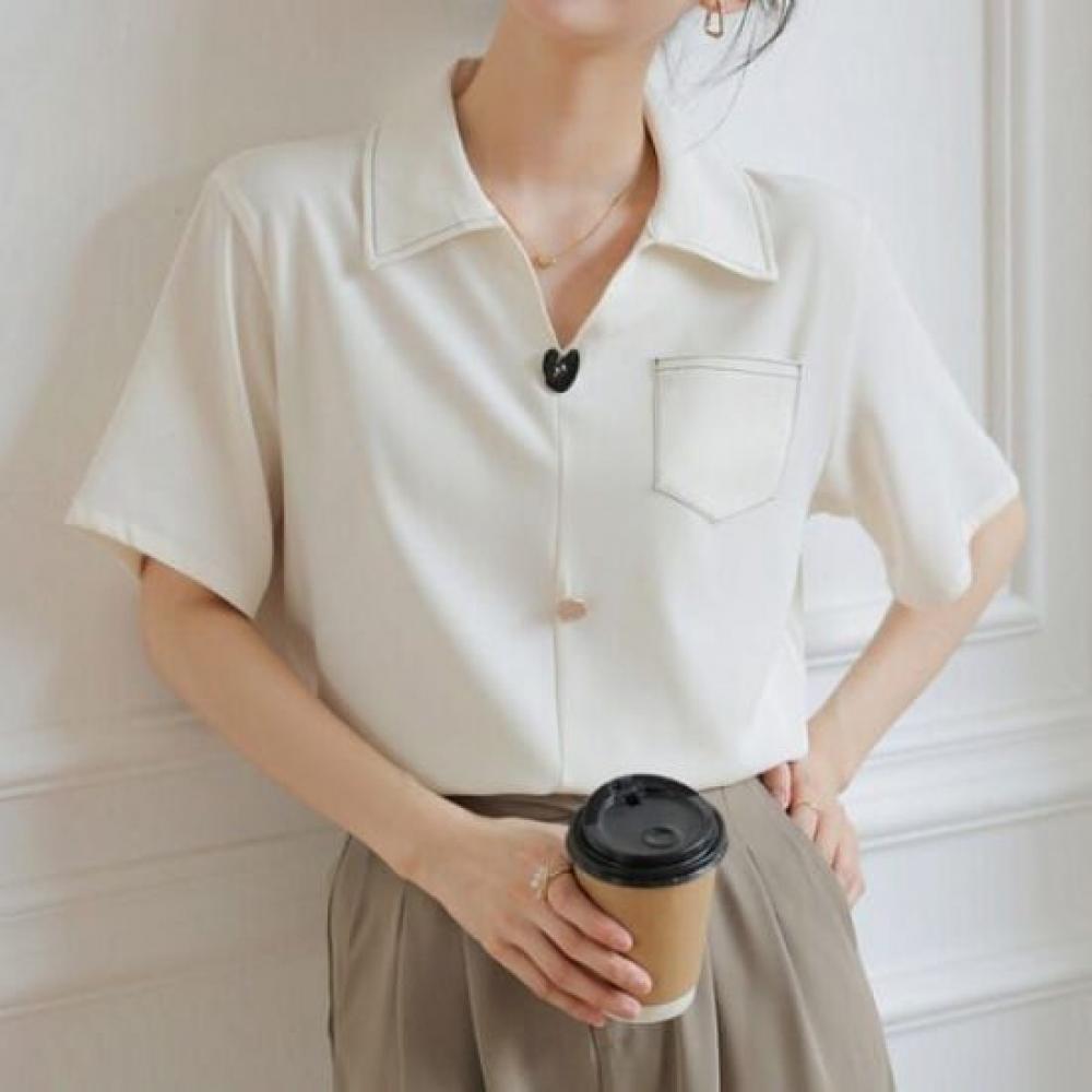 Navava Vintage Stylish Button Collar Short Sleeve Blouse Nb2603