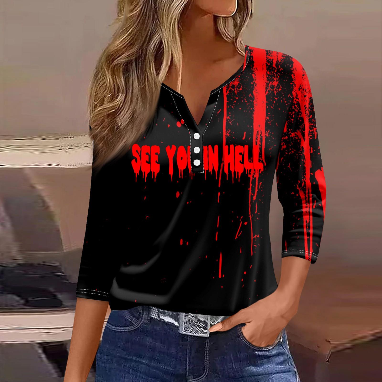 

Women s Fashion Casual Three-quarter Sleeve Halloween Letters Print Top S червоний