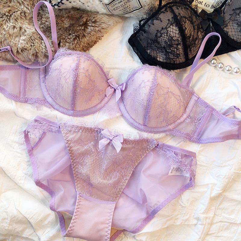

Французский комплект нижнего белья, сексуальный бюстгальтер с вышивкой из кружева и ресниц, женский бюстгальтер с чашкой пуш-ап 1/2, комплект нижнего белья и трусиков для маленькой груди 85B