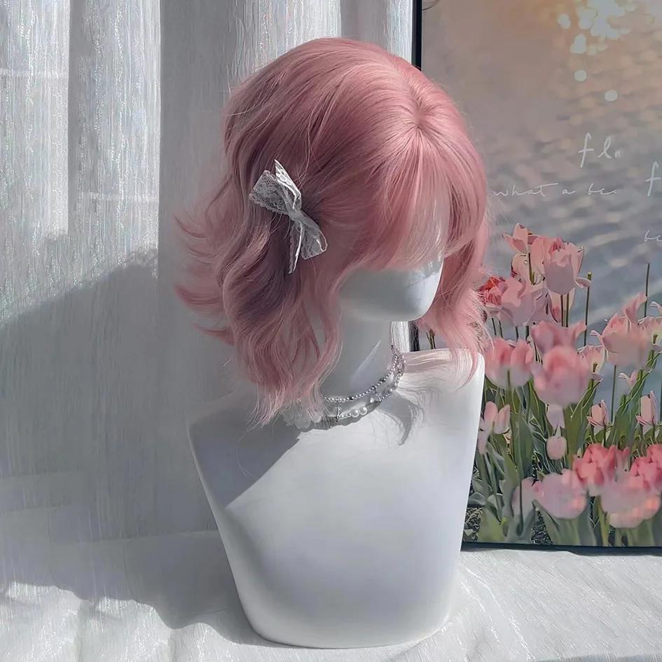Ashely Pink Wig Short Bobo Curly 14inch Sweet Cosplay Wigs for Women Lolita Headband Wig Heat Resistant Matte Synthetic Wigs