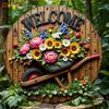 8 Inch Round Aluminum Welcome Sign, Floral Wheelbarrow Art for Home Wall Decor