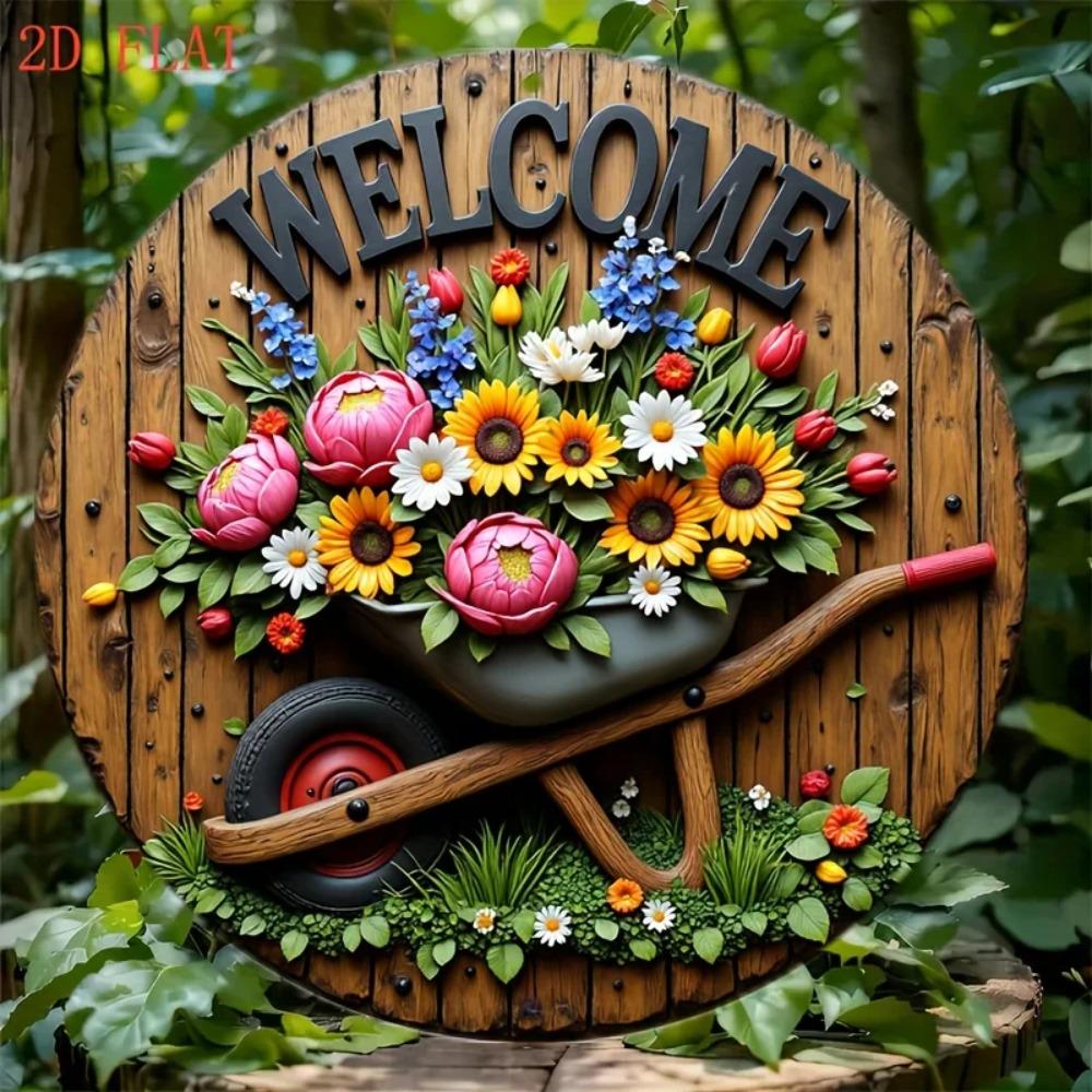 8 Inch Round Aluminum Welcome Sign, Floral Wheelbarrow Art for Home Wall Decor