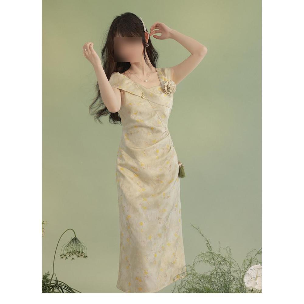 Retro super good-looking vacation style unique and beautiful versatile printed suspender skirt summer dress seaside