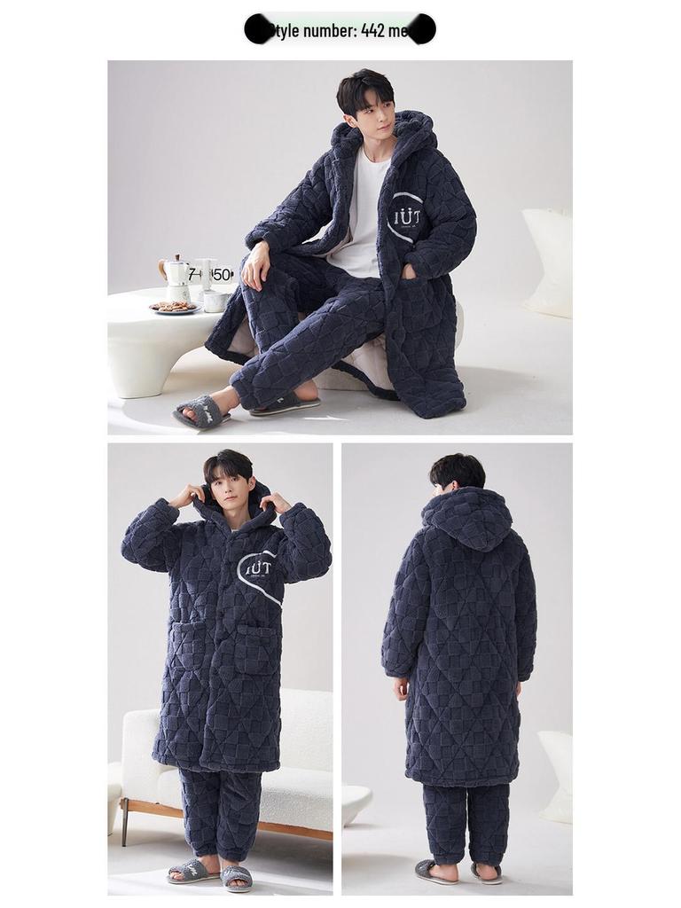2024 Men's Quilted Winter Hooded Pajama Bathrobe - Warm, Thick Coral Fleece Outerwear