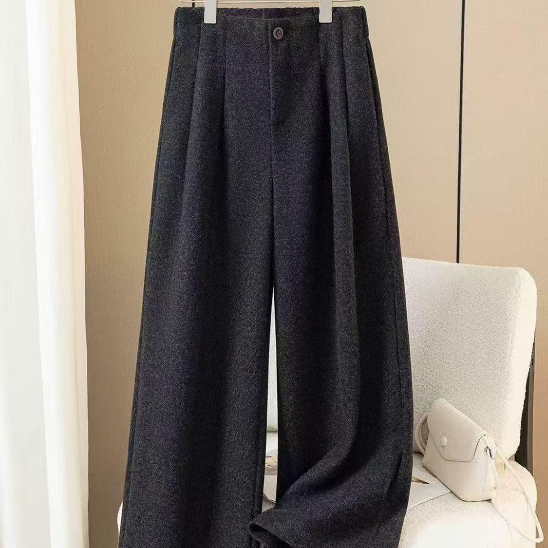 

Women s Wide-Leg Wool-Blend Pants - Deep Gray, Thick for Autumn/Winter, Loose Straight Casual Fit, Long Black Trousers L 111-124 jin