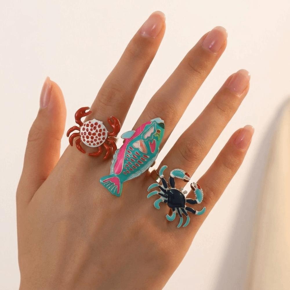 Open Design Drip Oil Rings Fish Shaped Rings Marine Creature Rings Enamel Band Rings For Women