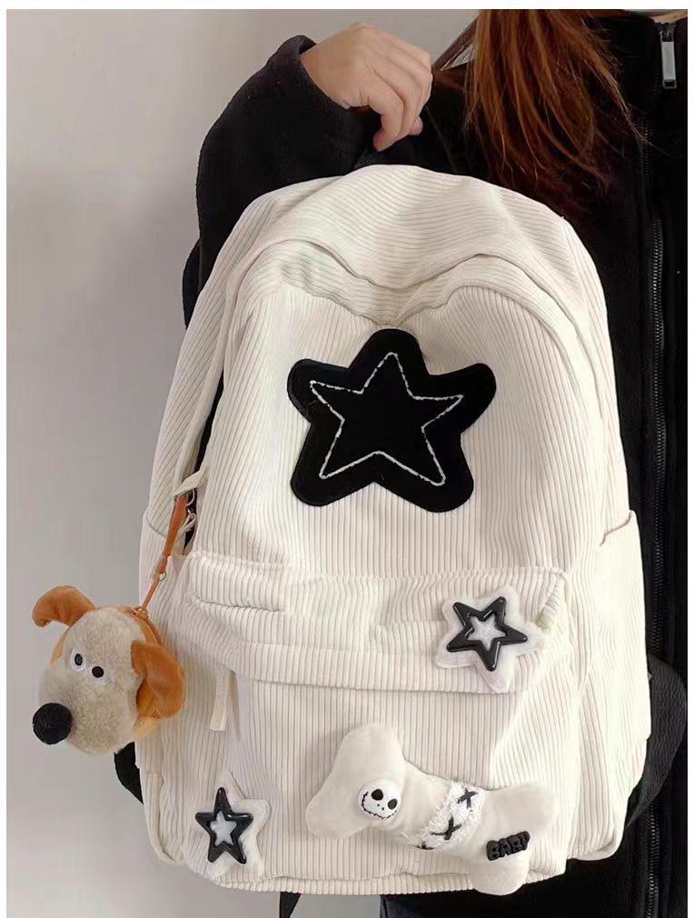 Teen Student Large Capacity School Bookbag Y2K Girls Star Pattern Laptop Backpack Corduroy Rucksack Double Strap Shoulder Bag