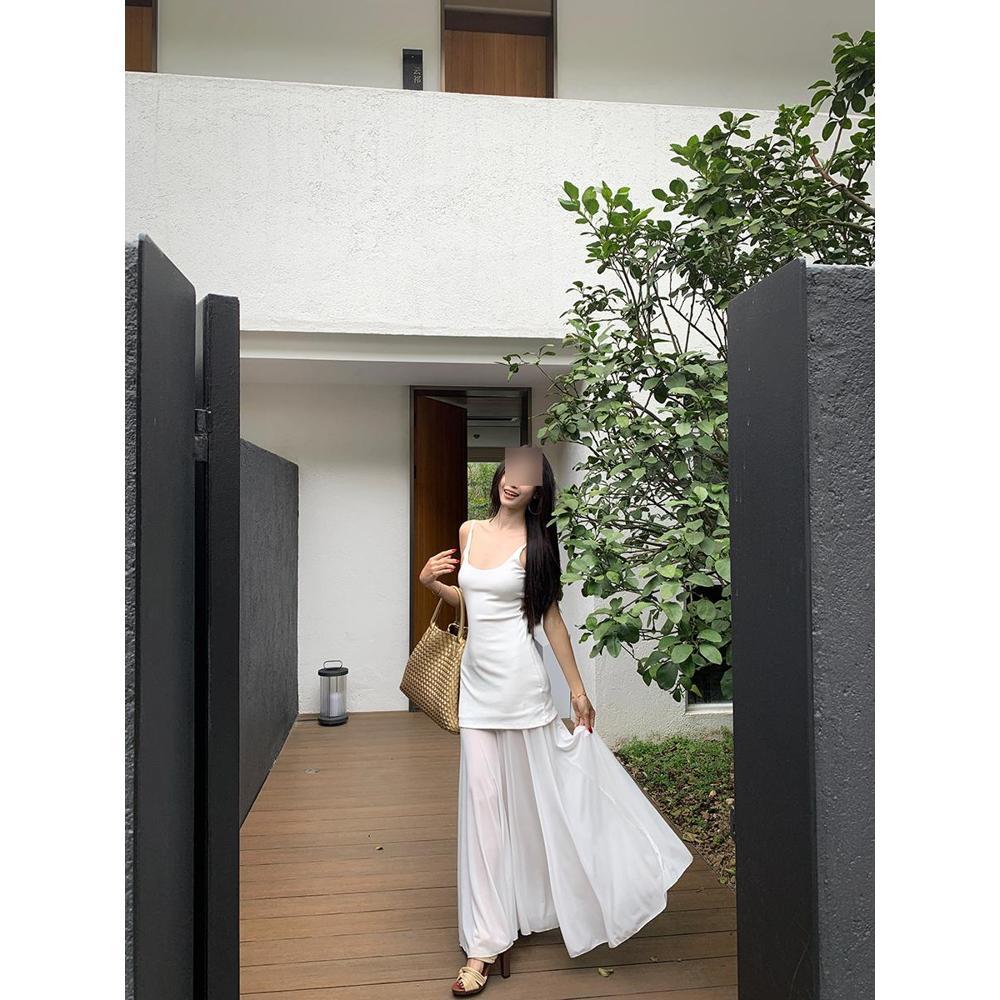 White Mesh Suspender Dress Women's Summer French New Seaside Vacation Huge Good-looking Fishtail Hip-wrapped Long Skirt