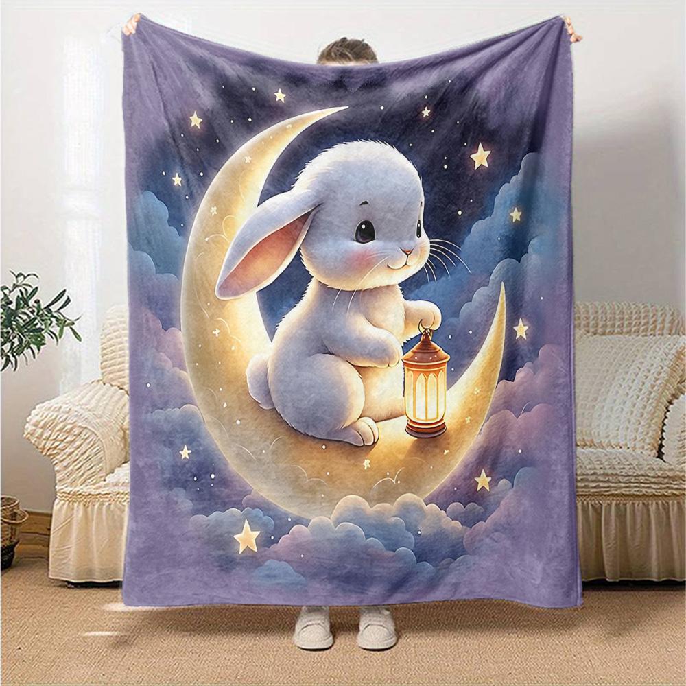 1pc rabbit moon blanket Lightweight Flannel Throw for Sofa Bed Travel Camping Livingroom Office Couch Chair